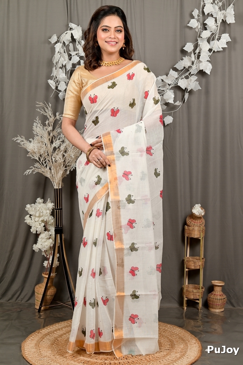 White Cotton Blend Variti pritat Tant Saree Print (1885)