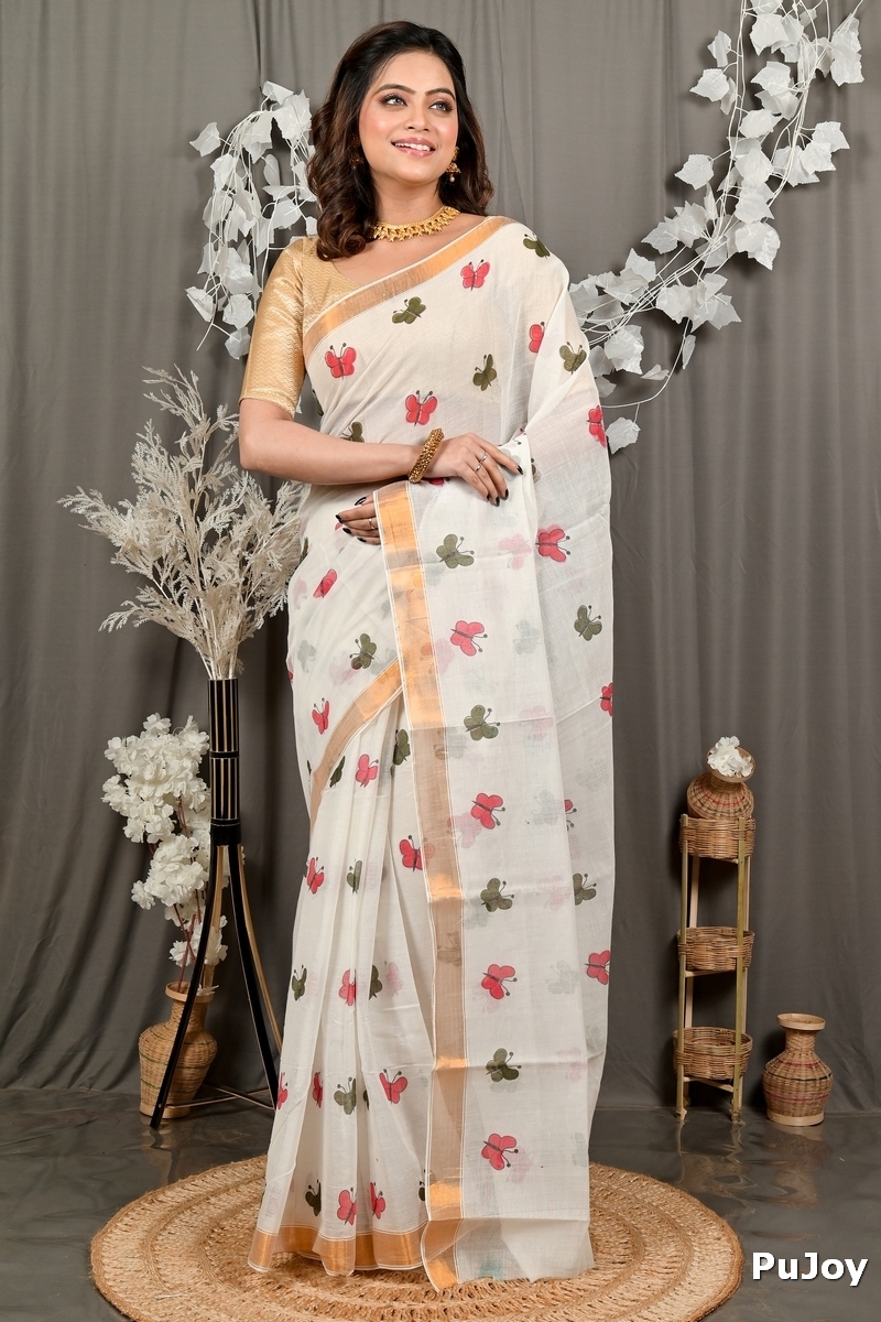 White Cotton Blend Variti pritat Tant Saree Print (1885)