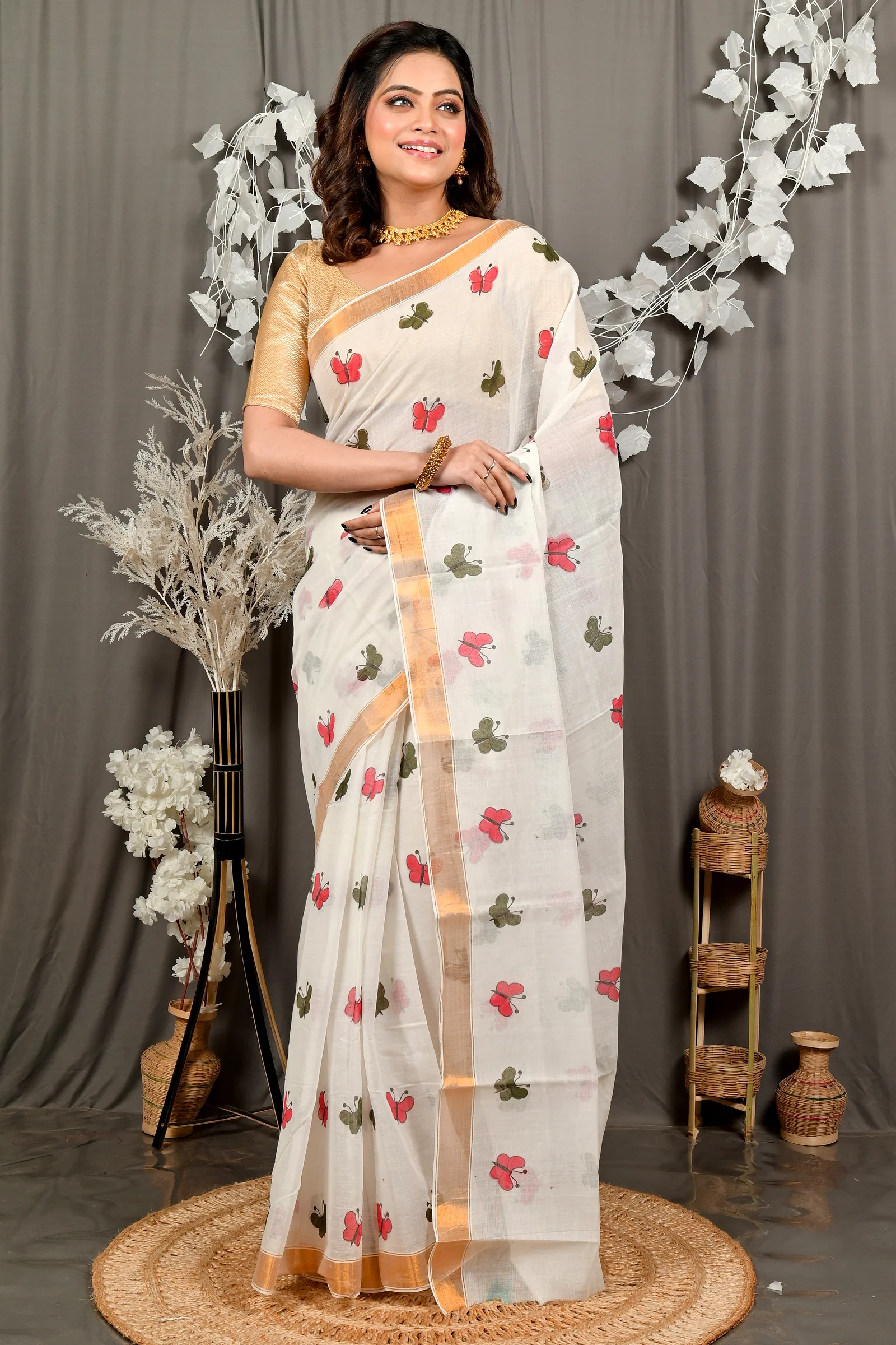 White Cotton Blend Variti pritat Tant Saree Print (1885)