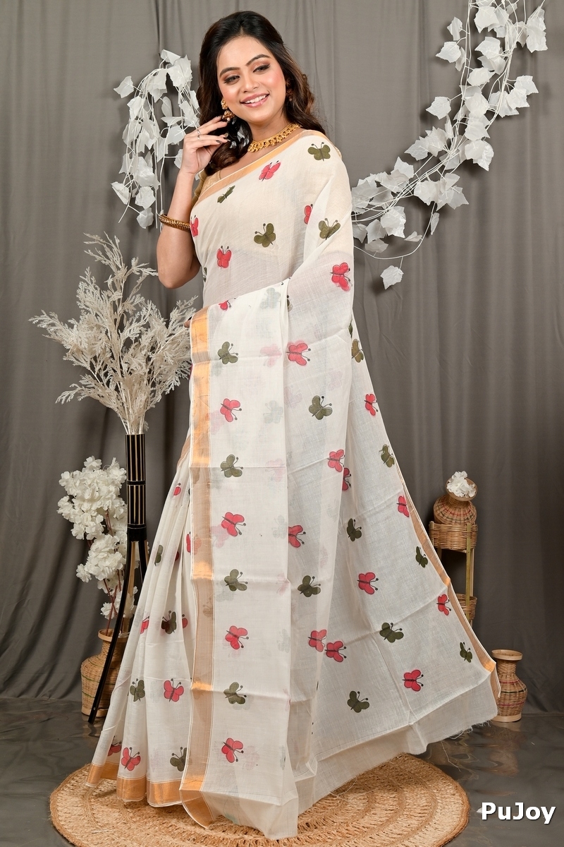 White Cotton Blend Variti pritat Tant Saree Print (1885)