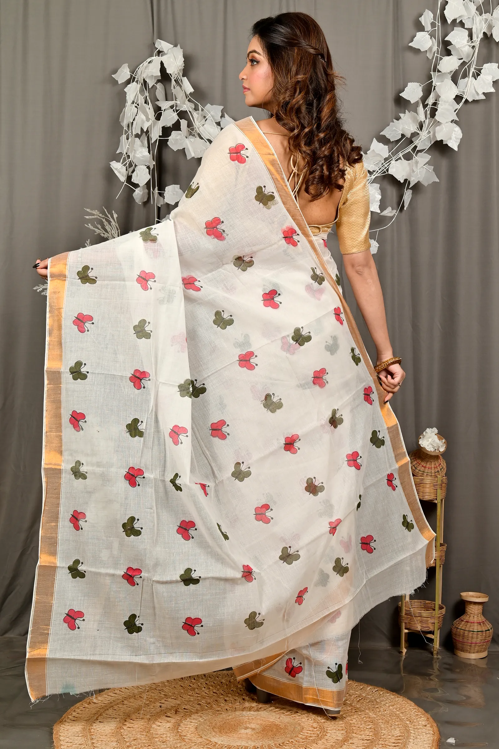 White Cotton Blend Variti pritat Tant Saree Print (1885)