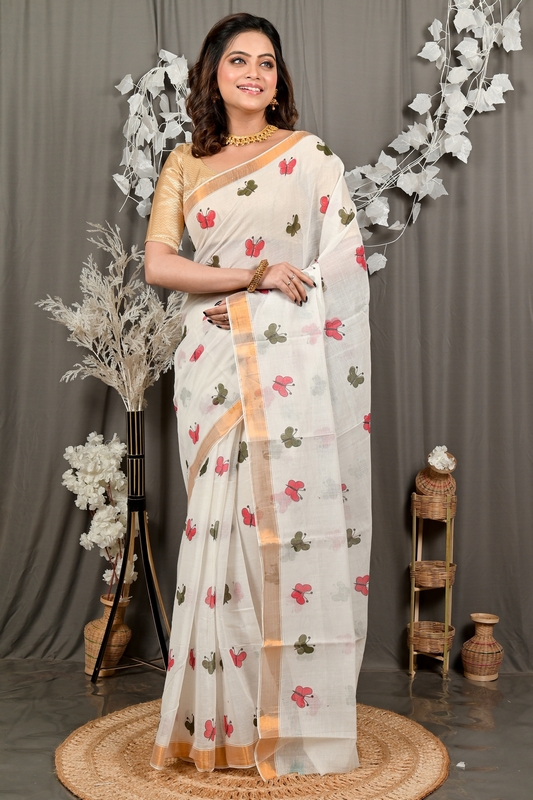 White Cotton Blend Variti pritat Tant Saree Print (1885)