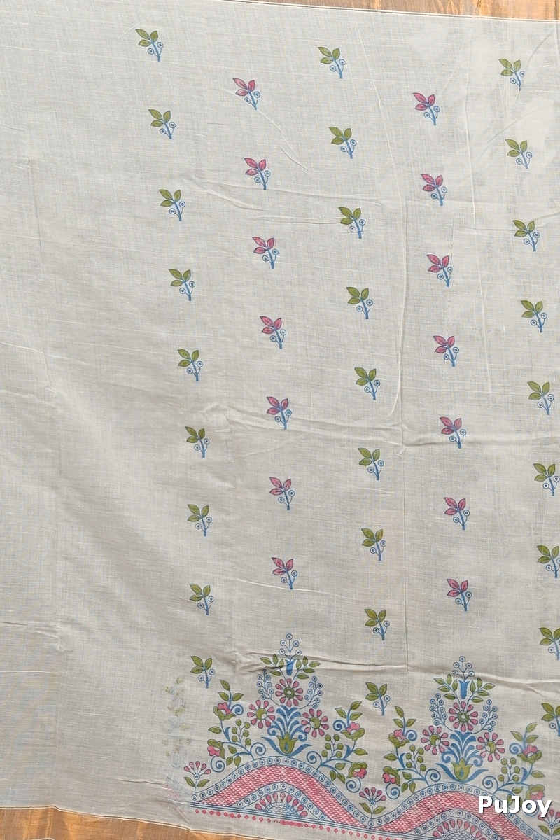 White Cotton Blend Variti pritat Tant Saree Print (1886)