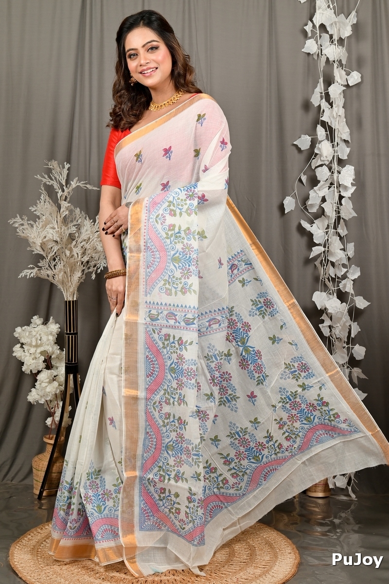 White Cotton Blend Variti pritat Tant Saree Print (1886)