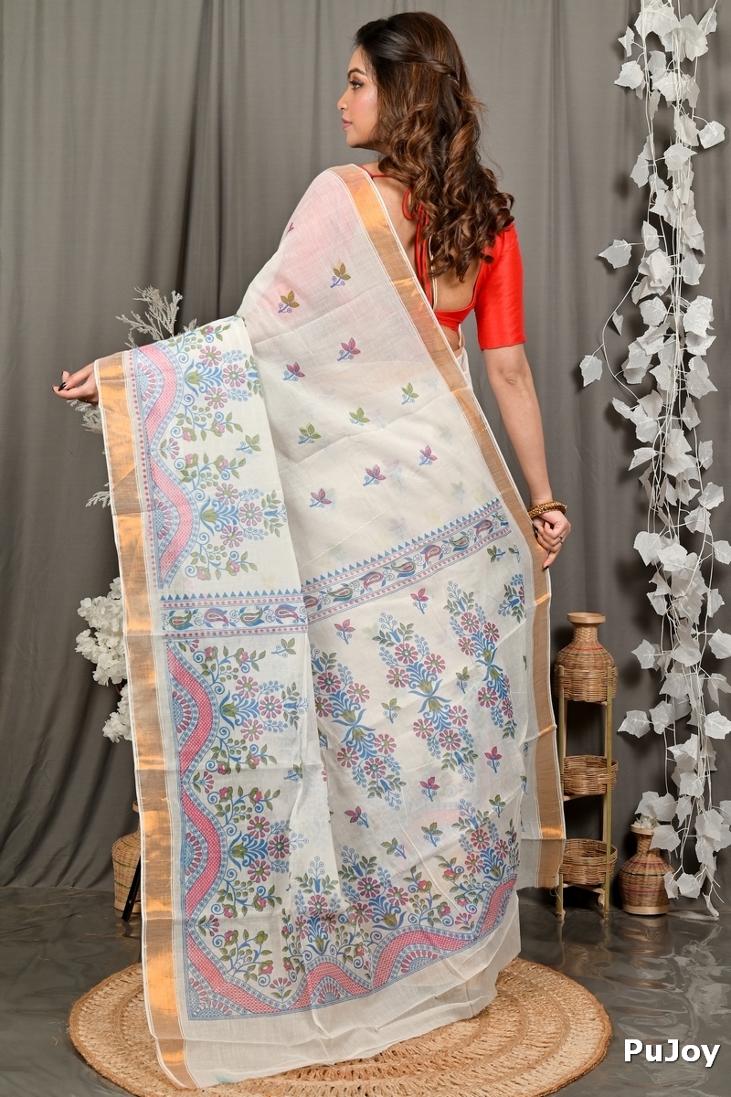 White Cotton Blend Variti pritat Tant Saree Print (1886)