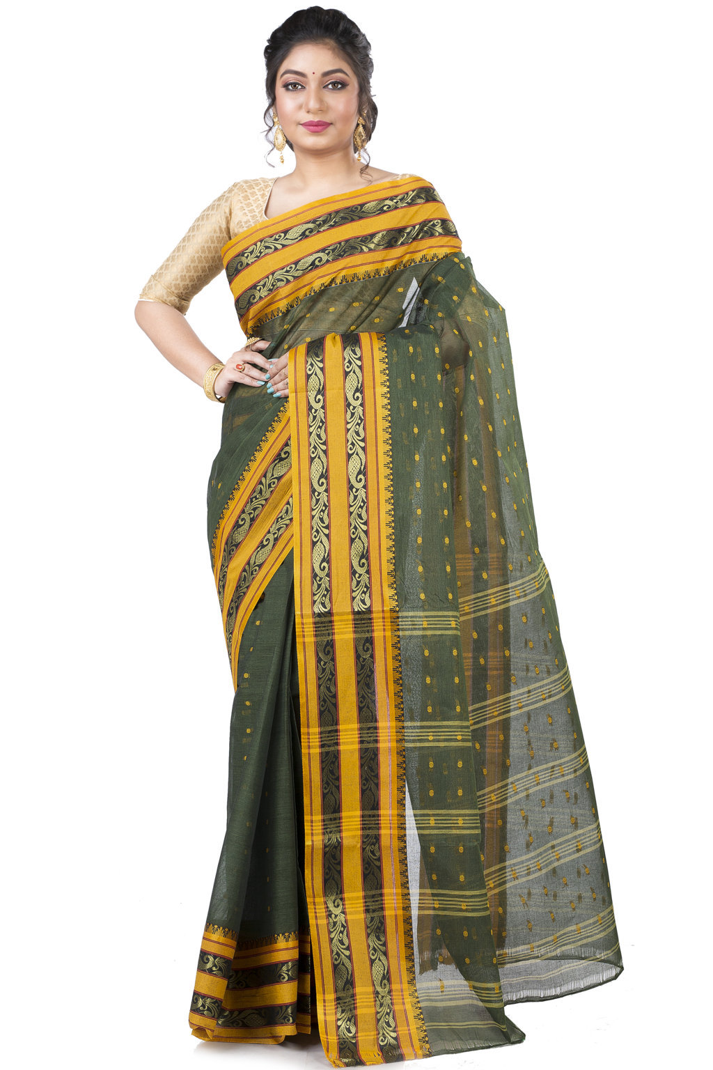 Beige Pure Cotton Alpona Tant Saree (189)