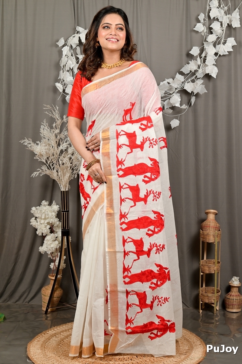 White Red Pure Cotton Variti embtat Tant Embroidery (1890)
