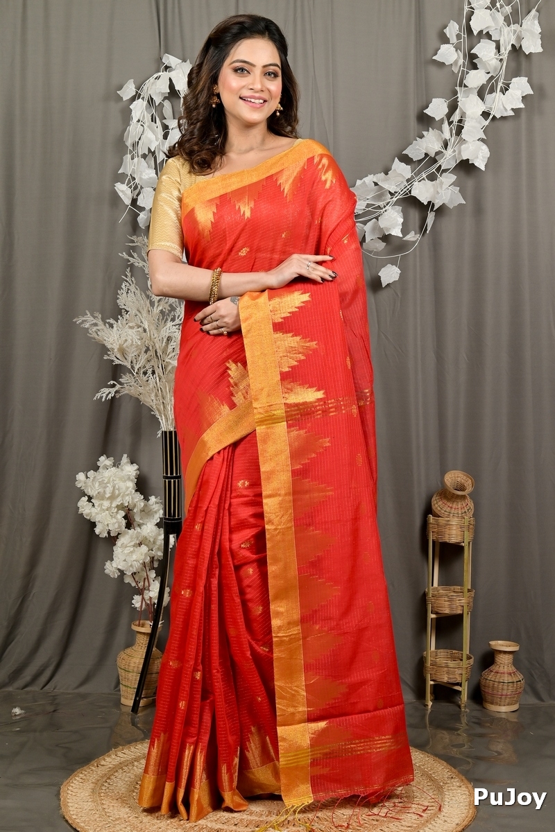 Red Cotton Blend Daypi Hand Loom Saree (1891)