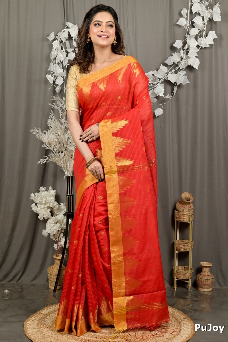 Red Cotton Blend Daypi Hand Loom Saree (1891)
