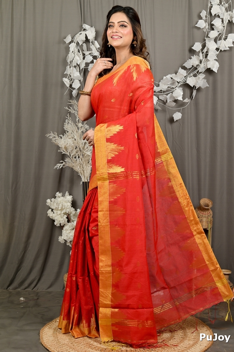 Red Cotton Blend Daypi Hand Loom Saree (1891)