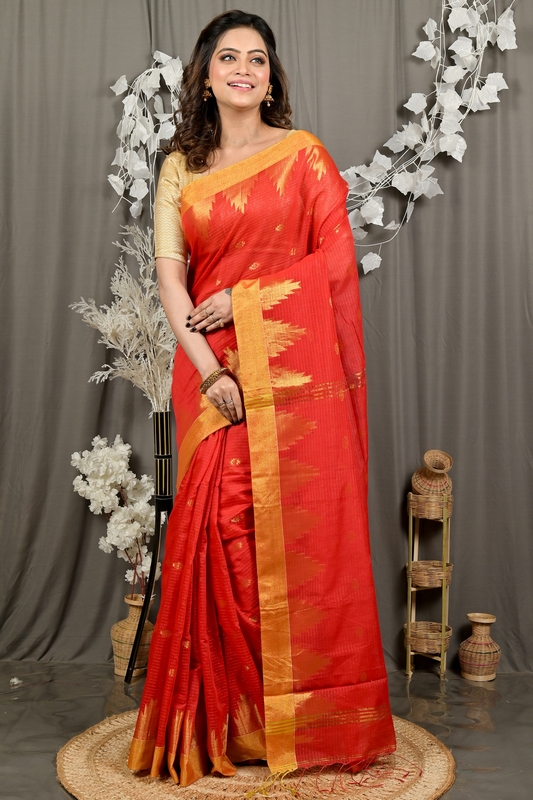 Red Cotton Blend Daypi Hand Loom Saree (1891)
