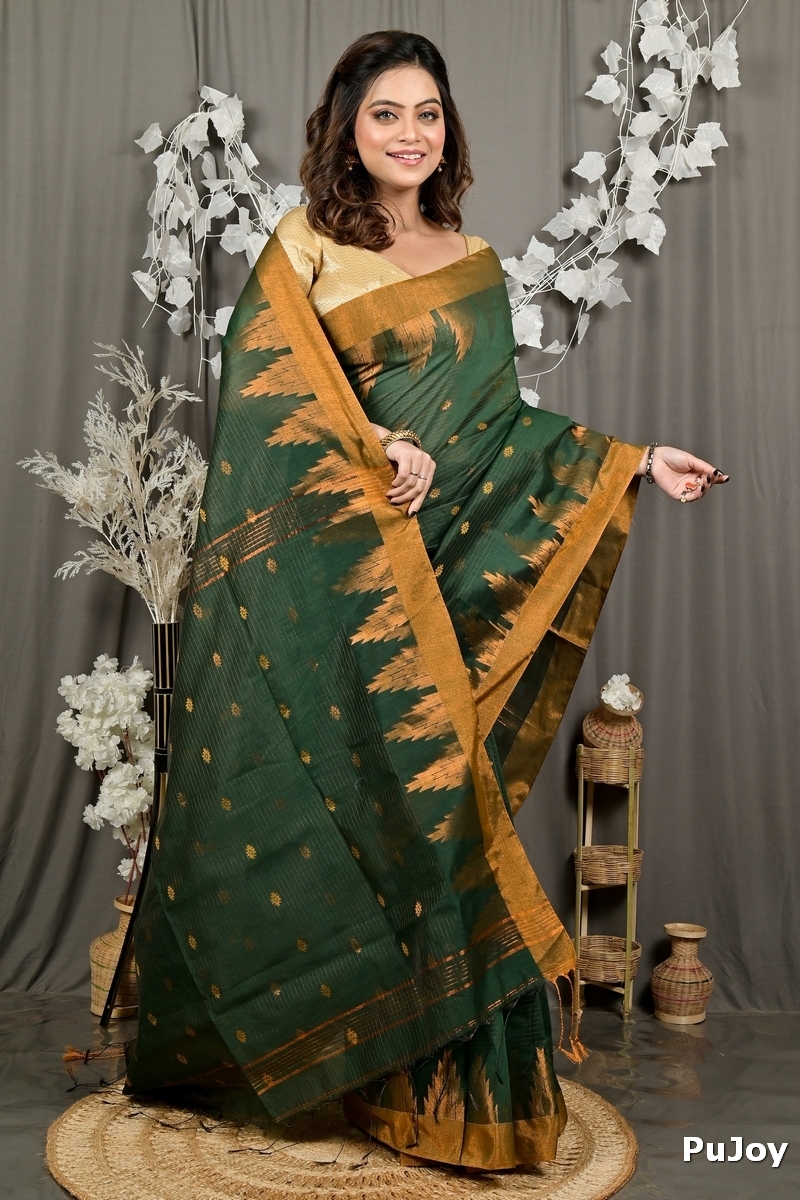 Dark Green Cotton Blend Daypi Hand Loom Saree (1896)
