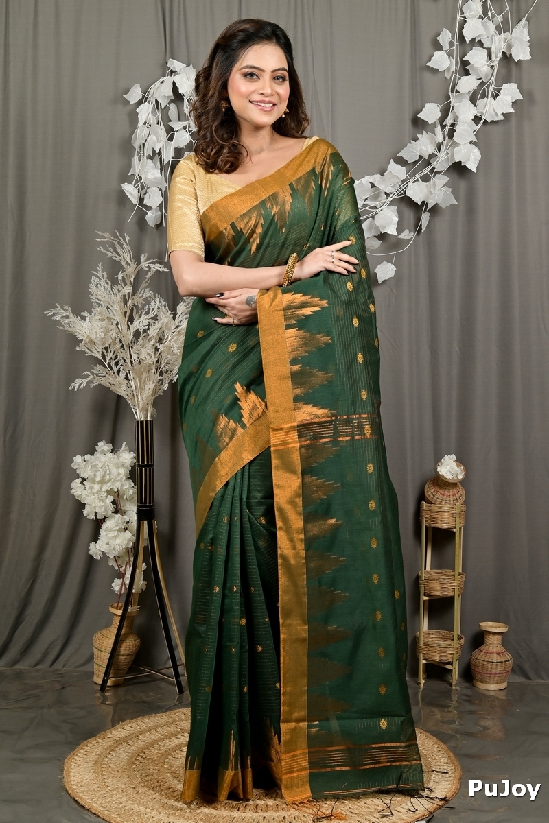 Dark Green Cotton Blend Daypi Hand Loom Saree (1896)