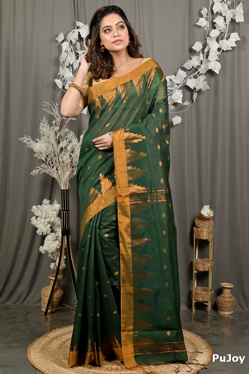 Dark Green Cotton Blend Daypi Hand Loom Saree (1896)