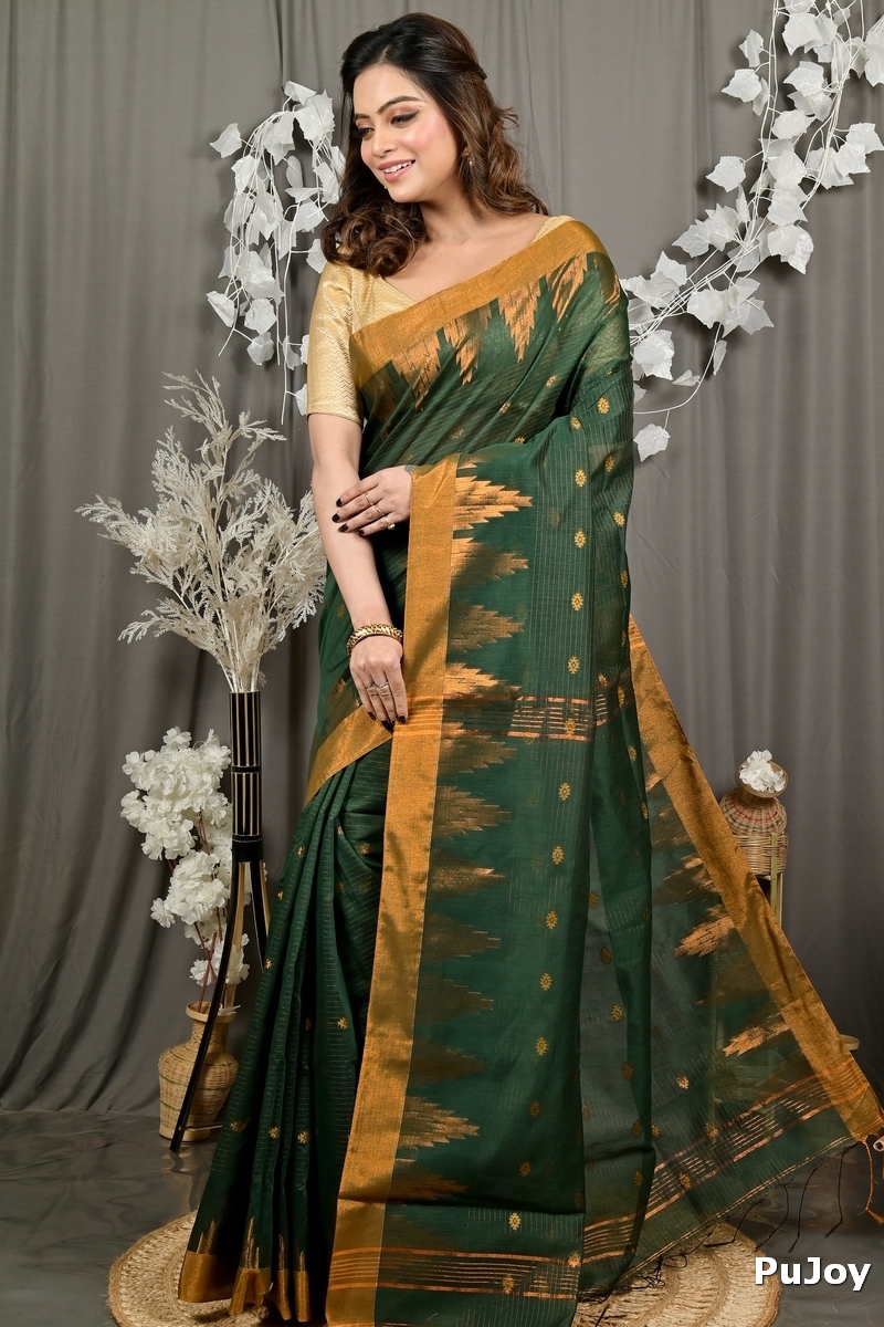 Dark Green Cotton Blend Daypi Hand Loom Saree (1896)