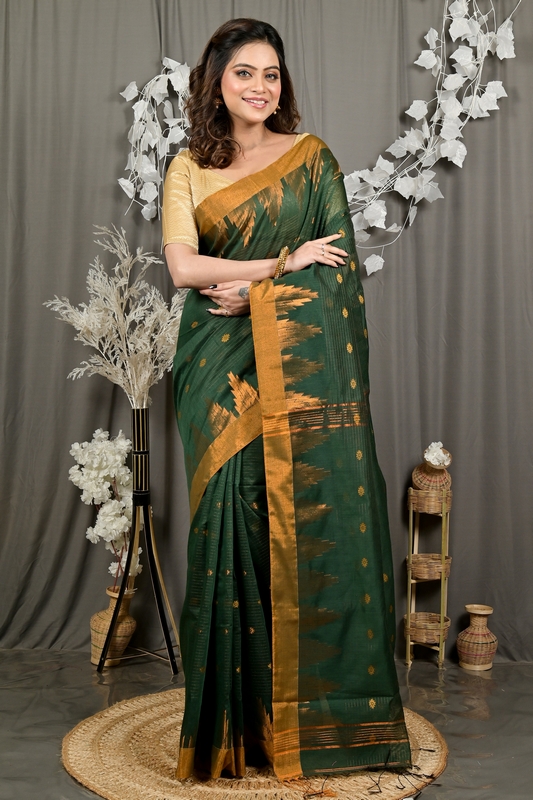 Dark Green Cotton Blend Daypi Hand Loom Saree (1896)