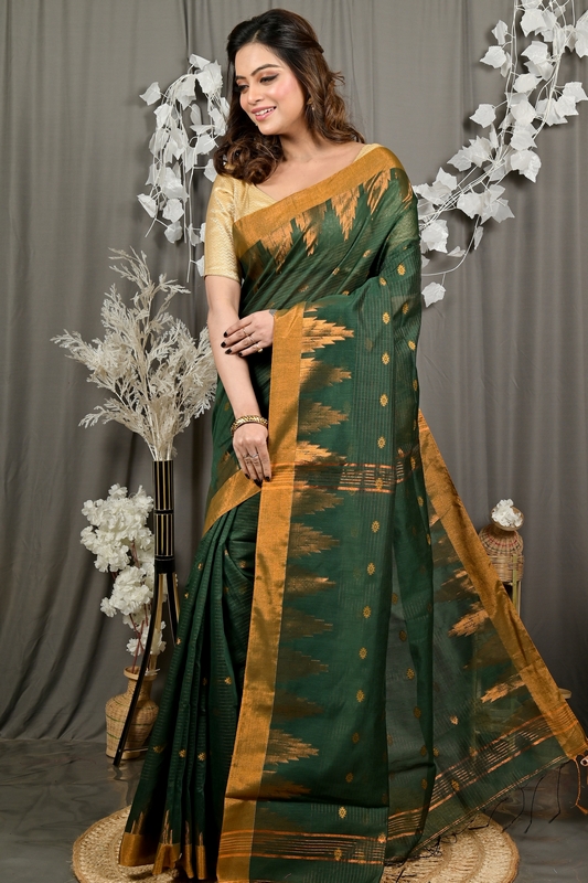 Dark Green Cotton Blend Daypi Hand Loom Saree (1896)