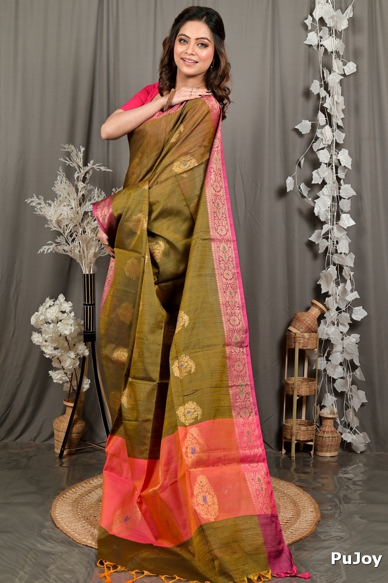 Mehndi Green Pink Cotton Blend Daymin Hand Loom Saree (1897)