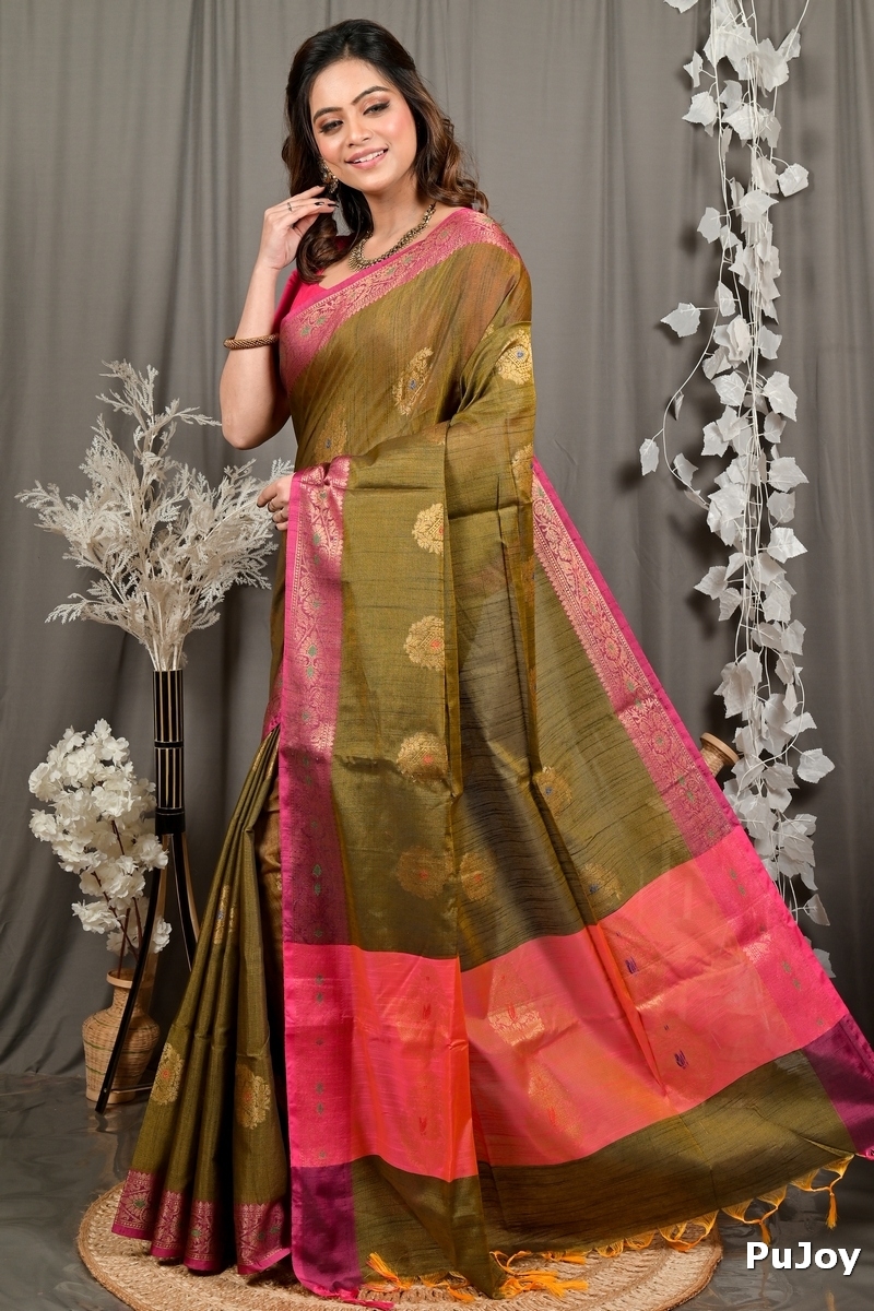 Mehndi Green Pink Cotton Blend Daymin Hand Loom Saree (1897)
