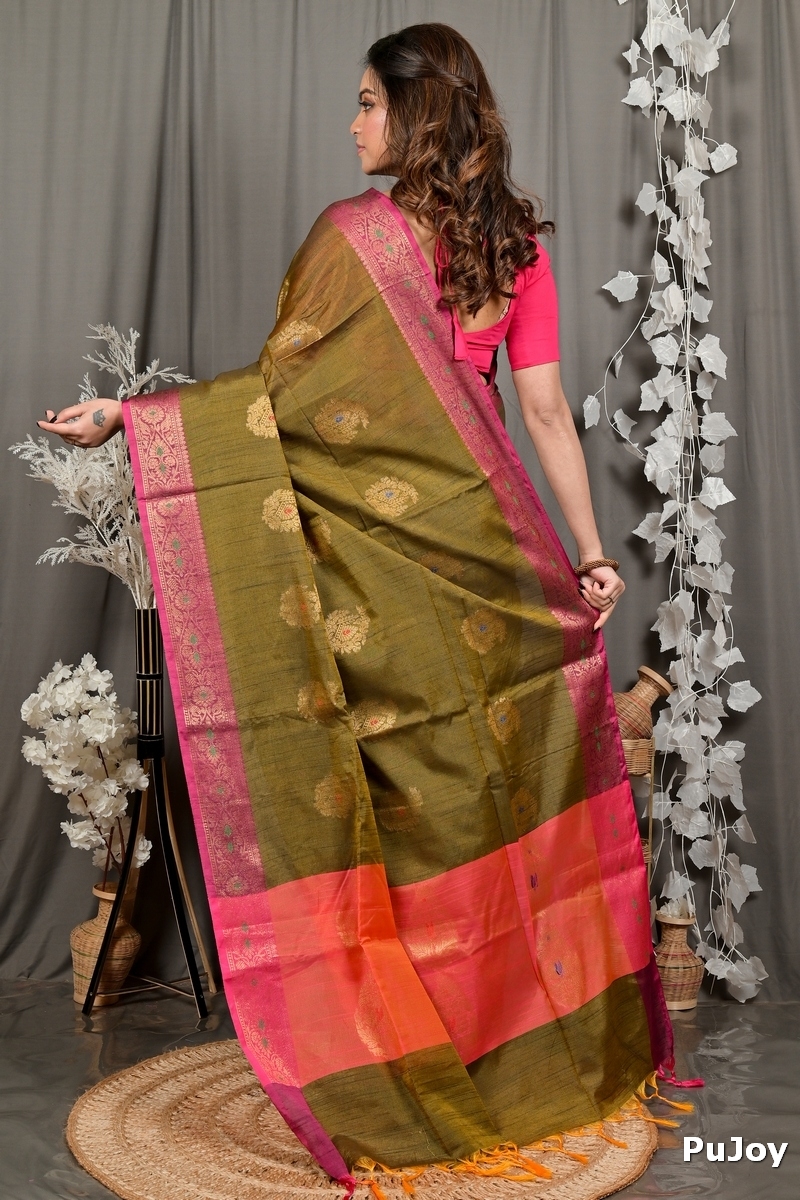 Mehndi Green Pink Cotton Blend Daymin Hand Loom Saree (1897)