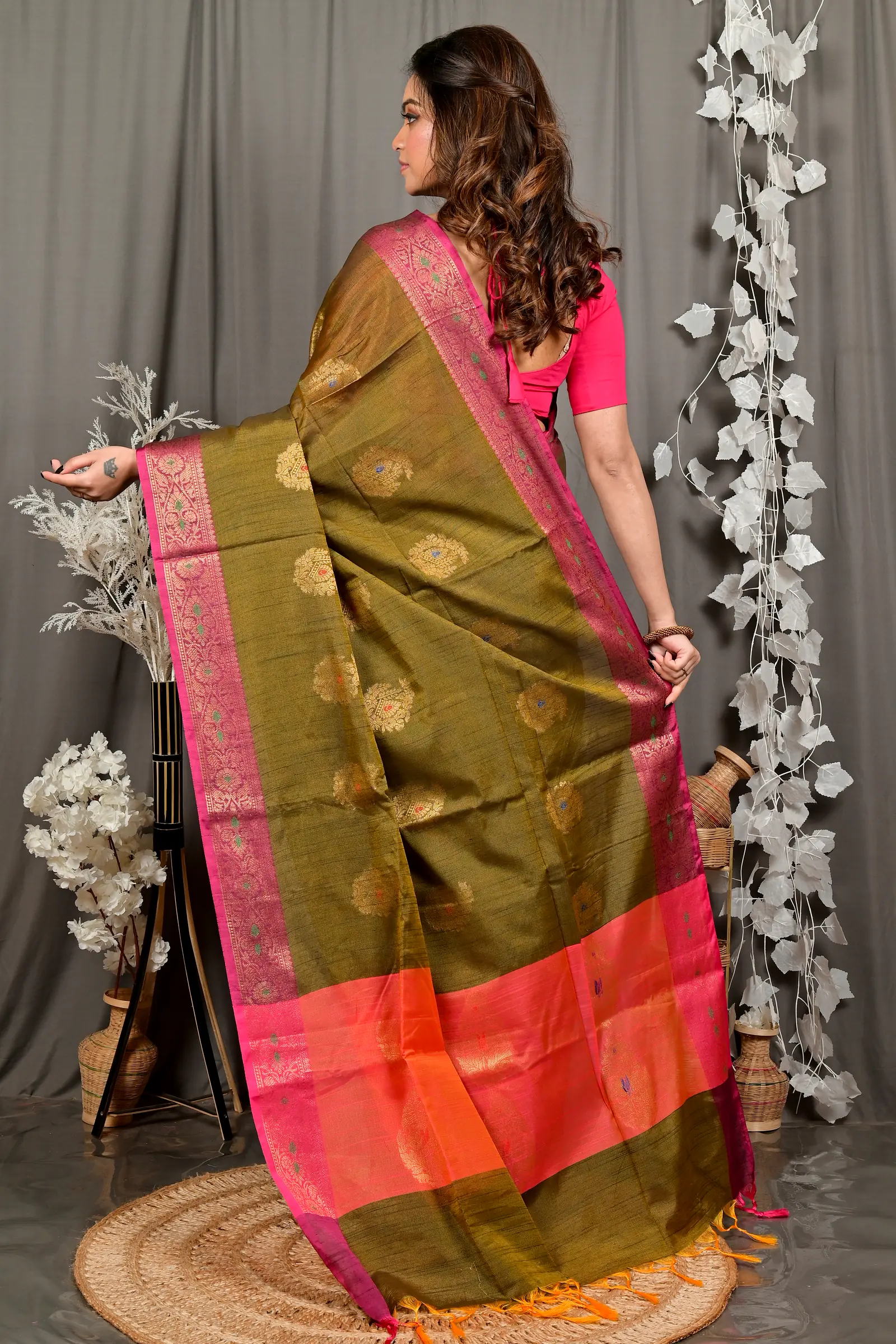 Mehndi Green Pink Cotton Blend Daymin Hand Loom Saree (1897)