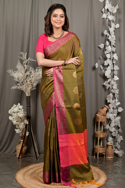 Mehndi Green Pink Cotton Blend Daymin Hand Loom Saree (1897)