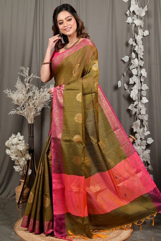 Mehndi Green Pink Cotton Blend Daymin Hand Loom Saree (1897)