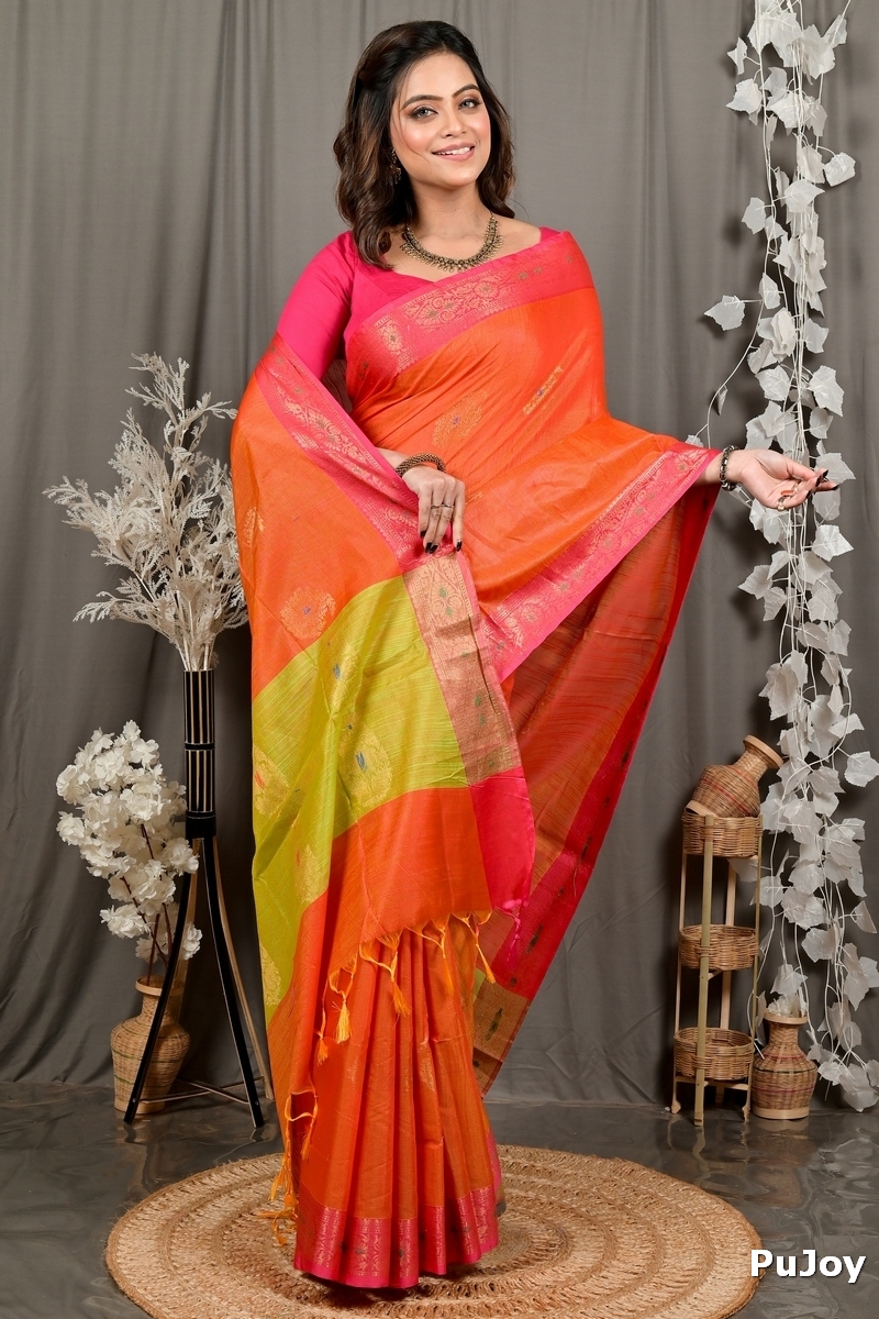 Orange Green Cotton Blend Daymin Hand Loom Saree (1898)