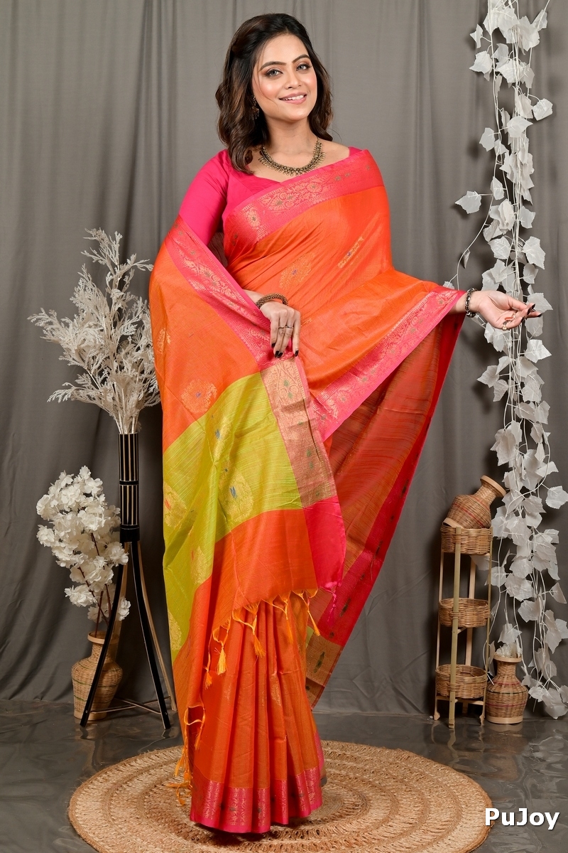 Orange Green Cotton Blend Daymin Hand Loom Saree (1898)