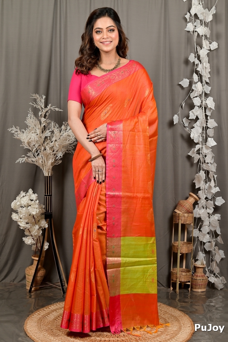Orange Green Cotton Blend Daymin Hand Loom Saree (1898)