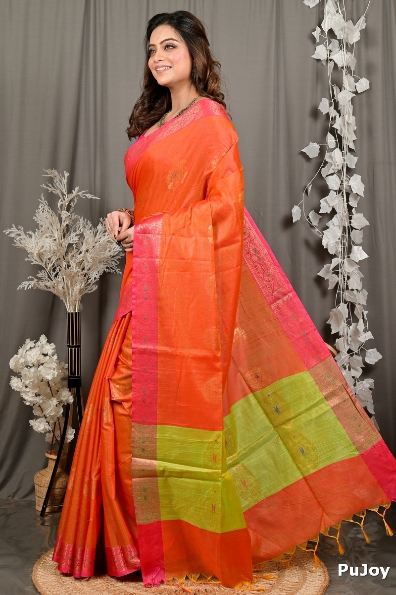 Orange Green Cotton Blend Daymin Hand Loom Saree (1898)