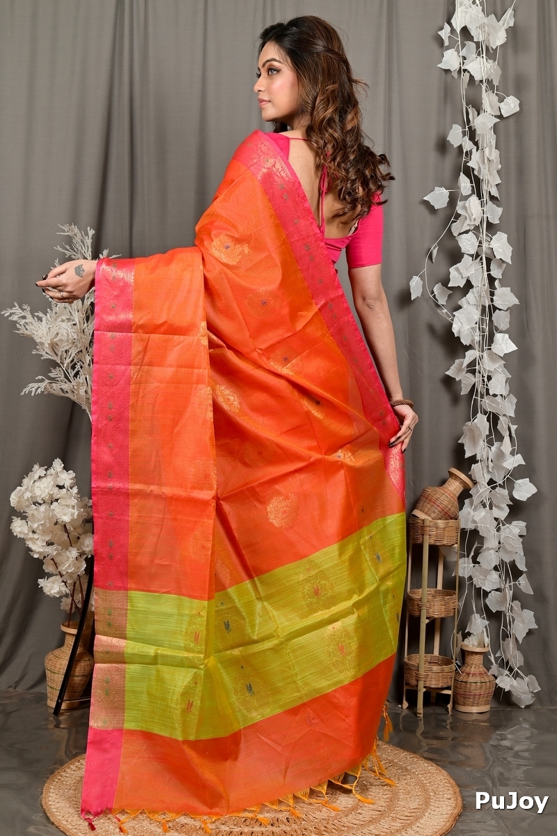 Orange Green Cotton Blend Daymin Hand Loom Saree (1898)