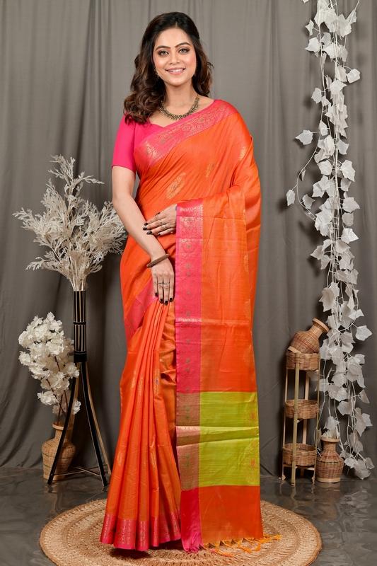 Orange Green Cotton Blend Daymin Hand Loom Saree (1898)