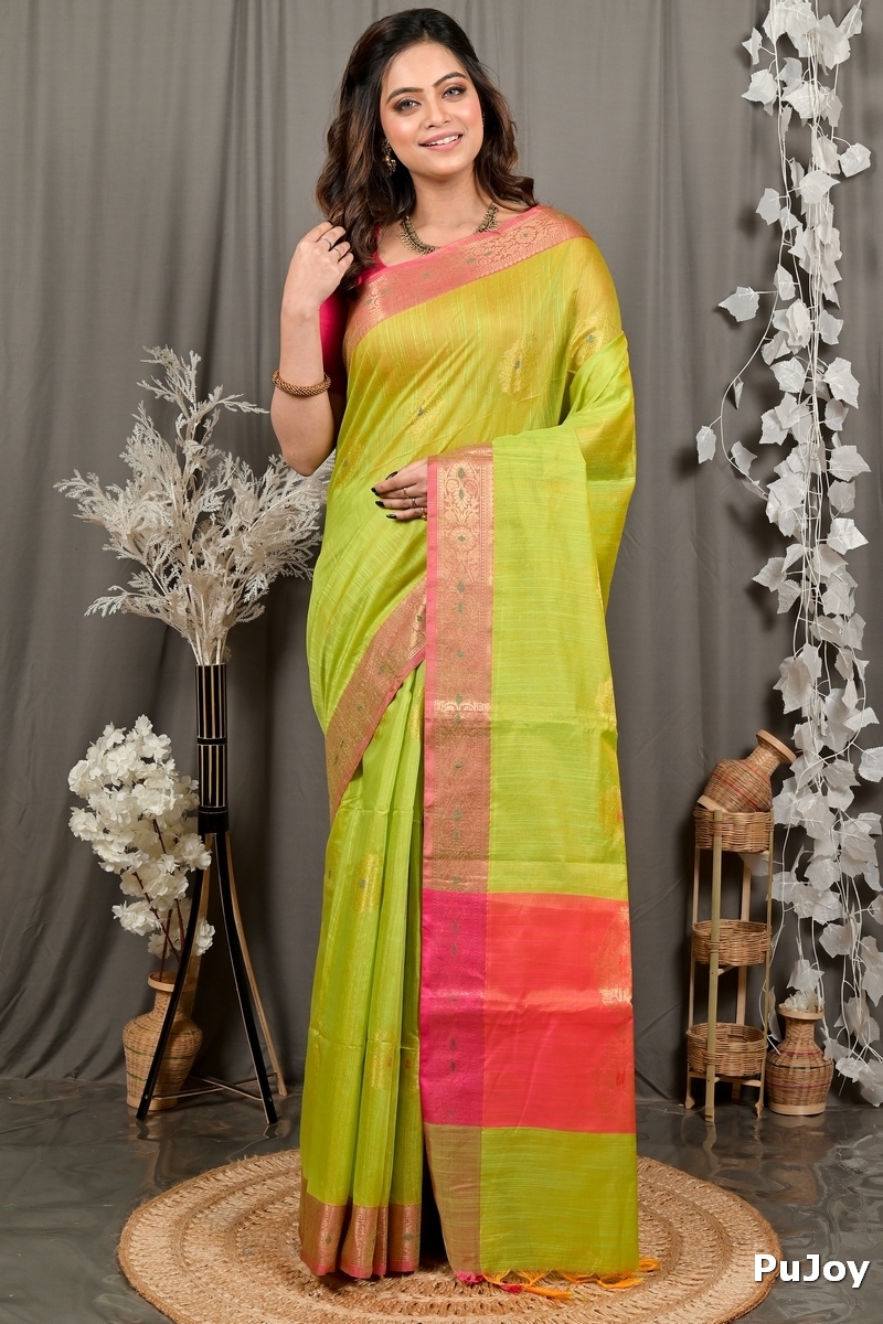Pesta Green Pink Cotton Blend Daymin Hand Loom Saree (1899)