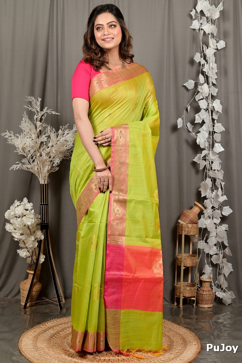 Pesta Green Pink Cotton Blend Daymin Hand Loom Saree (1899)