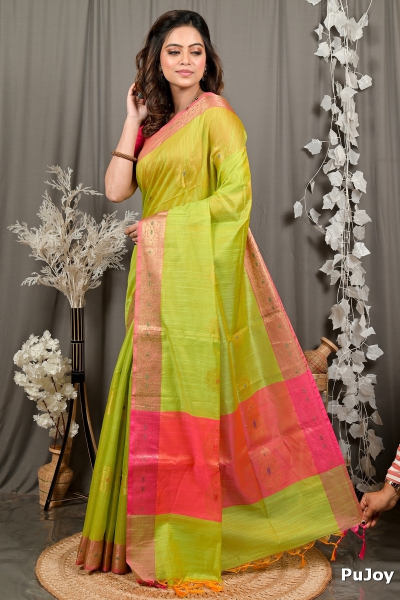 Pesta Green Pink Cotton Blend Daymin Hand Loom Saree (1899)