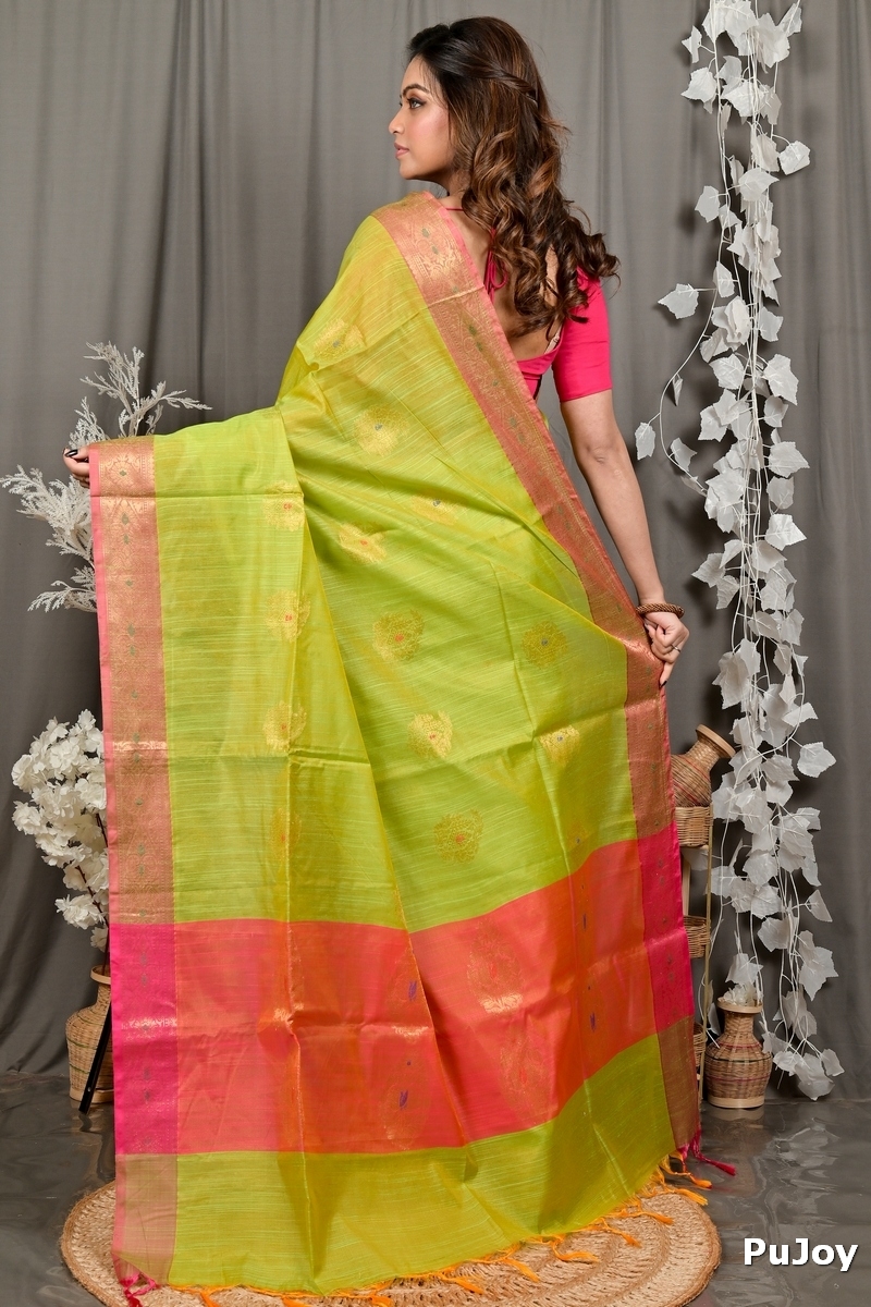 Pesta Green Pink Cotton Blend Daymin Hand Loom Saree (1899)