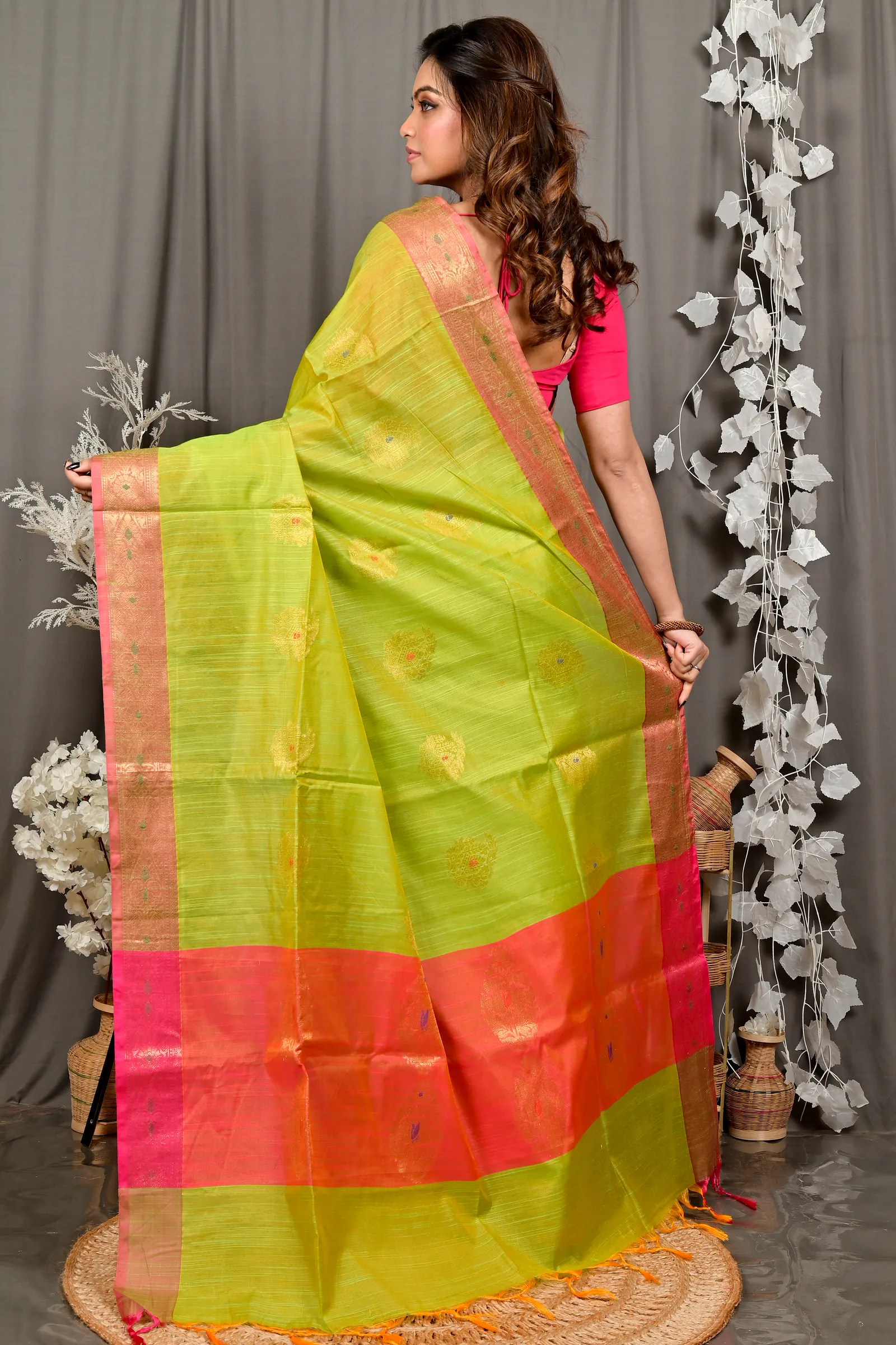 Pesta Green Pink Cotton Blend Daymin Hand Loom Saree (1899)