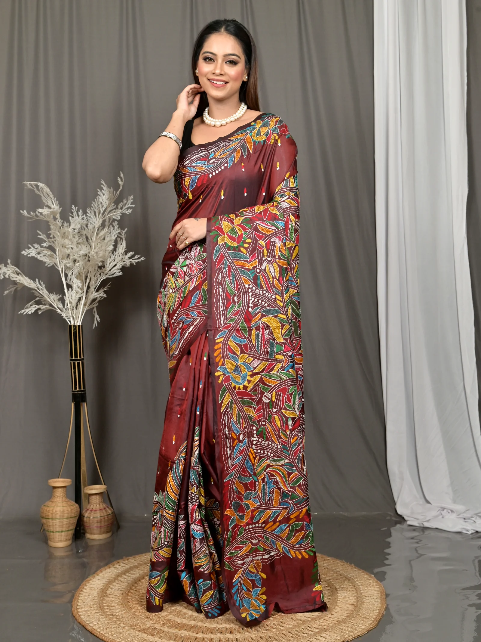Maroon Cotton Bolpur Kantha Stitch Saree (19)