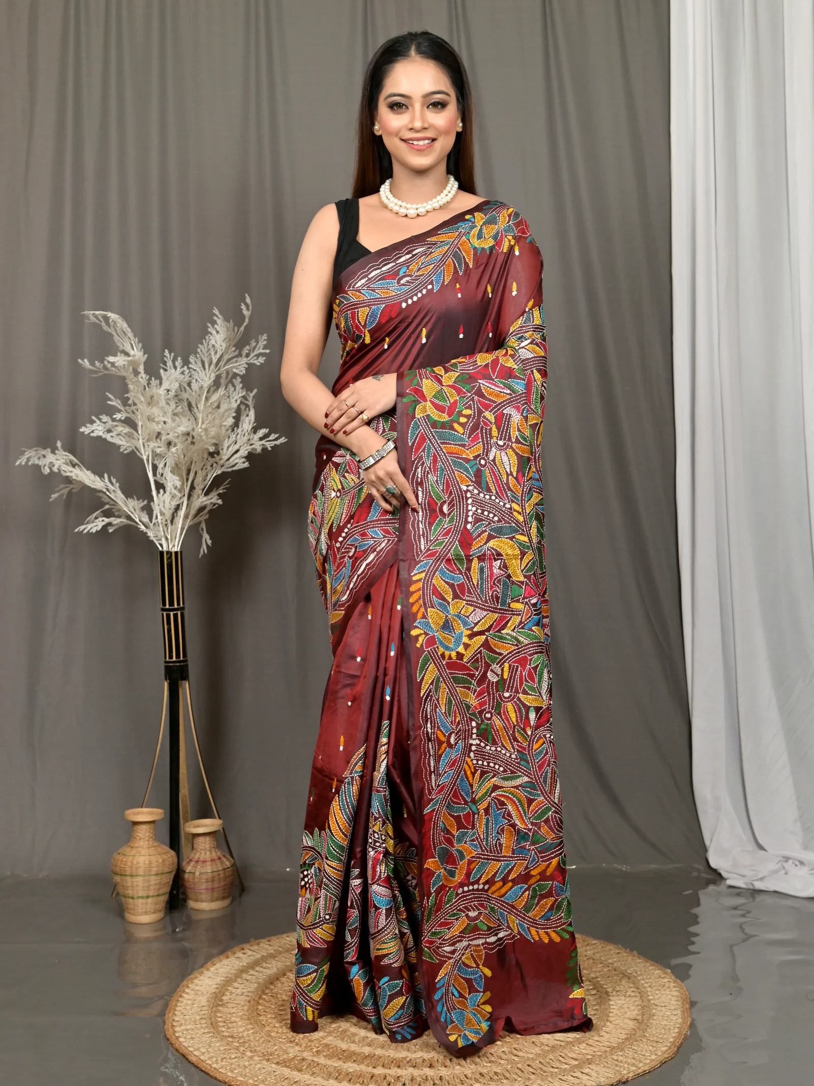 Maroon Cotton Bolpur Kantha Stitch Saree (19)