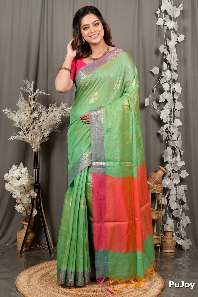 Green Pink Cotton Blend Daymin Hand Loom Saree (1900)
