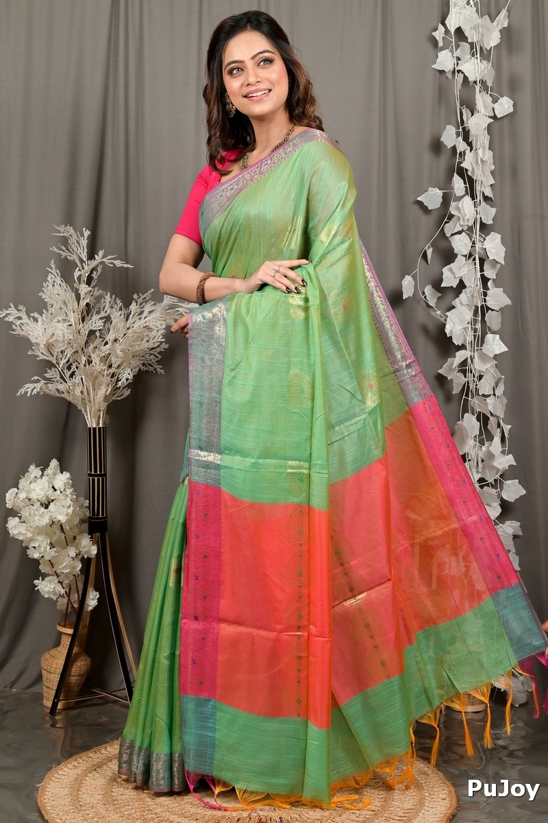 Green Pink Cotton Blend Daymin Hand Loom Saree (1900)