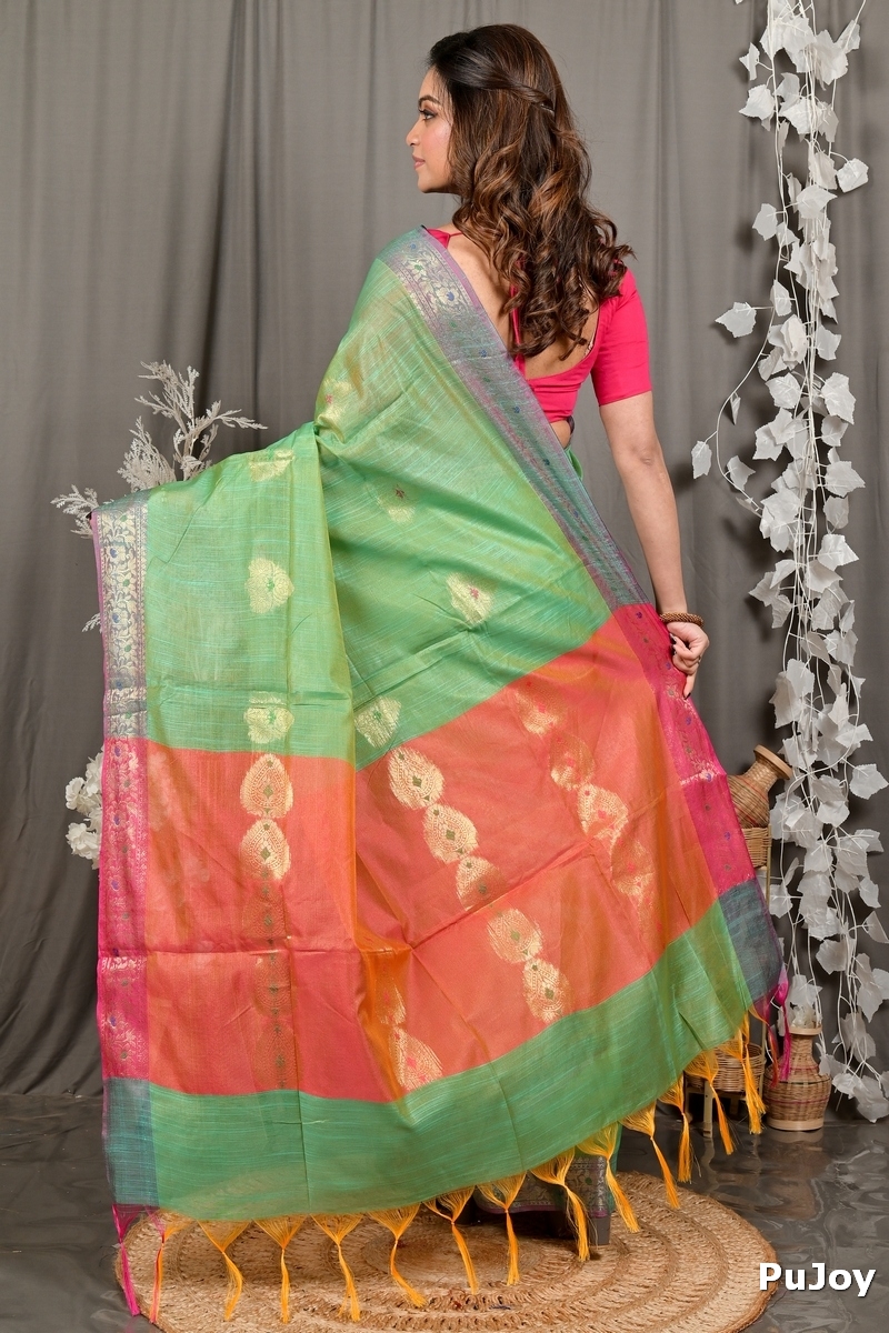 Green Pink Cotton Blend Daymin Hand Loom Saree (1900)
