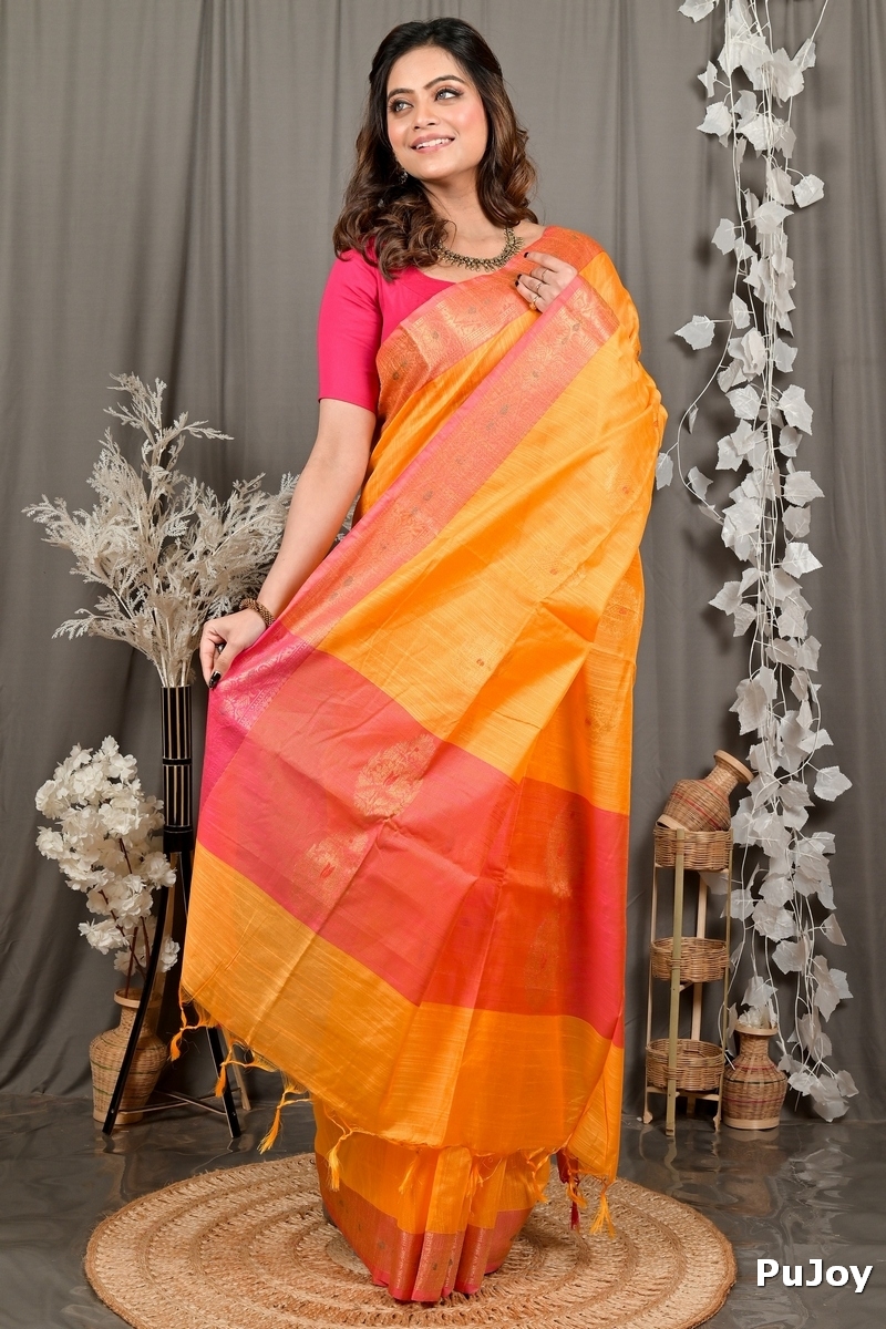Yellow Pink Cotton Blend Daymin Hand Loom Saree (1901)