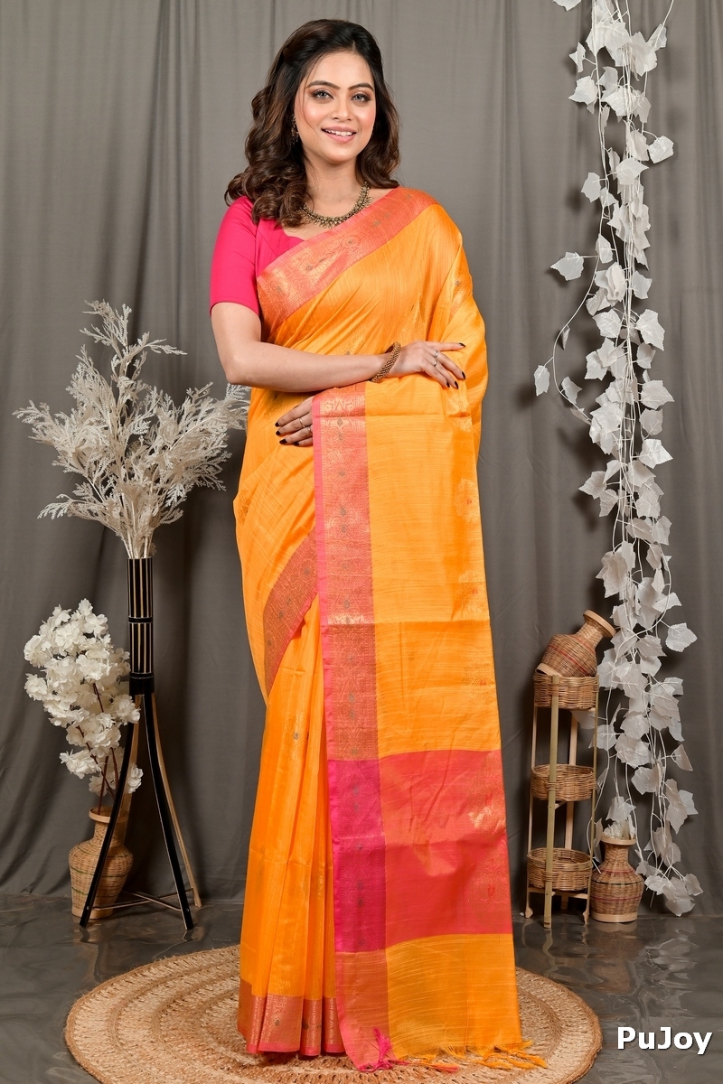 Yellow Pink Cotton Blend Daymin Hand Loom Saree (1901)