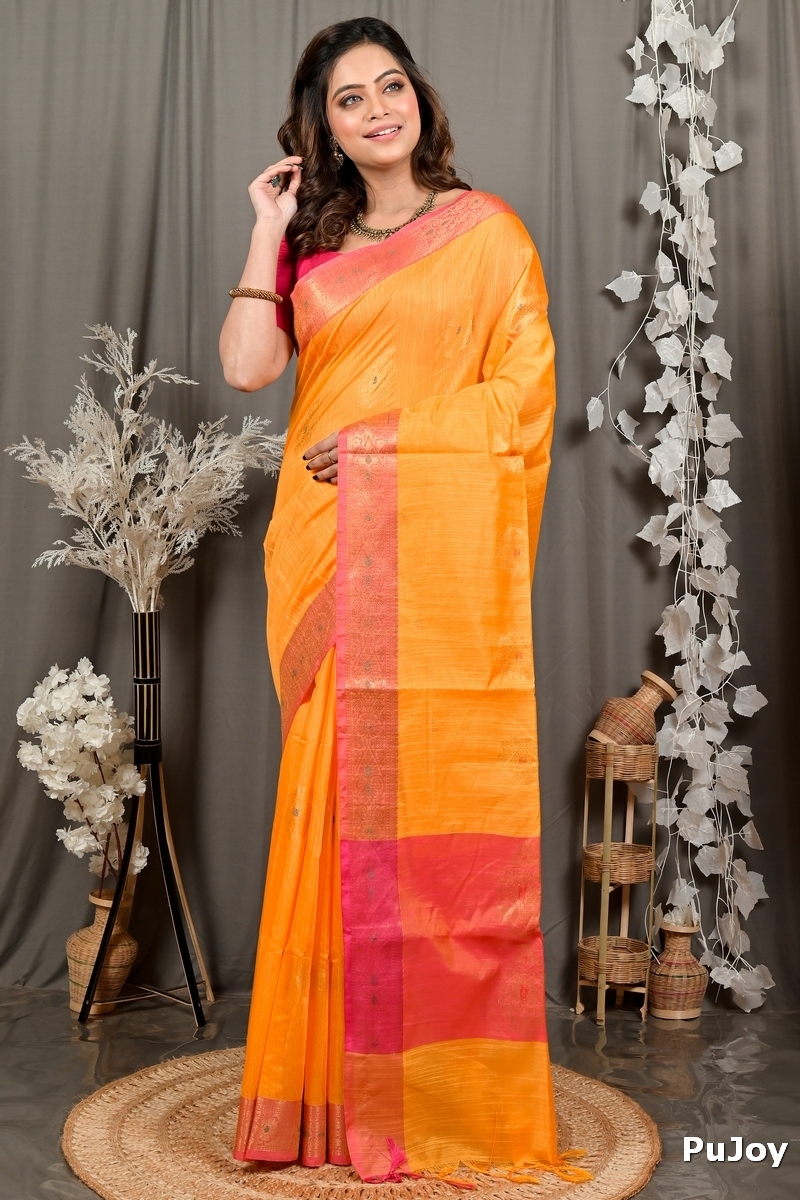 Yellow Pink Cotton Blend Daymin Hand Loom Saree (1901)