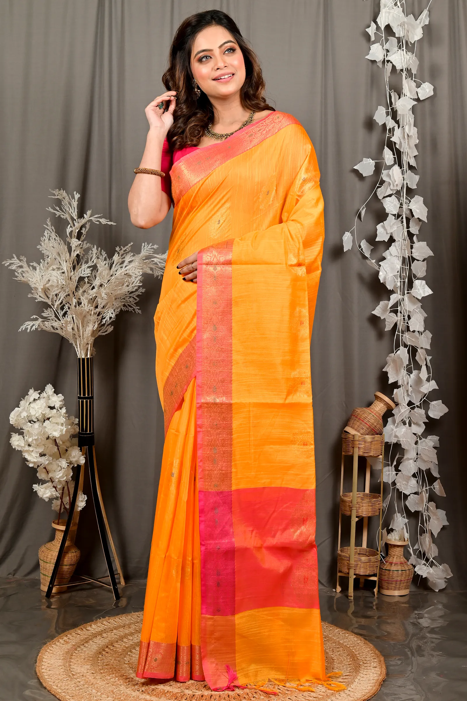 Yellow Pink Cotton Blend Daymin Hand Loom Saree (1901)