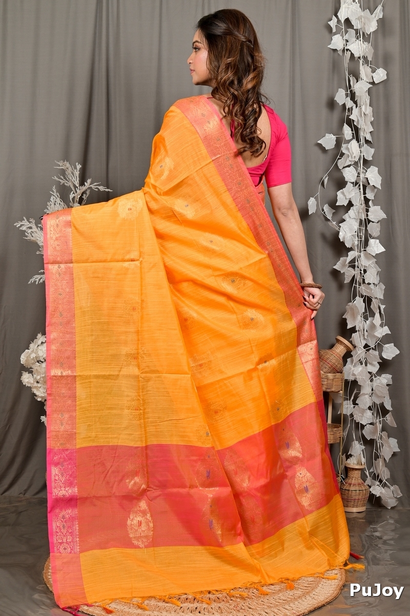 Yellow Pink Cotton Blend Daymin Hand Loom Saree (1901)
