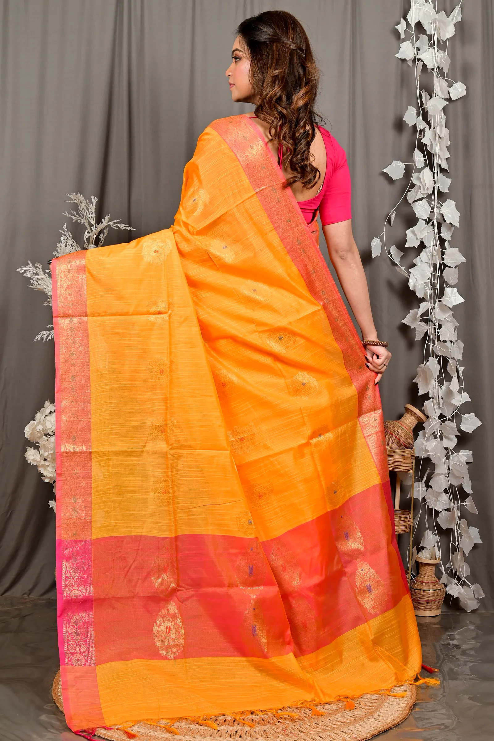 Yellow Pink Cotton Blend Daymin Hand Loom Saree (1901)
