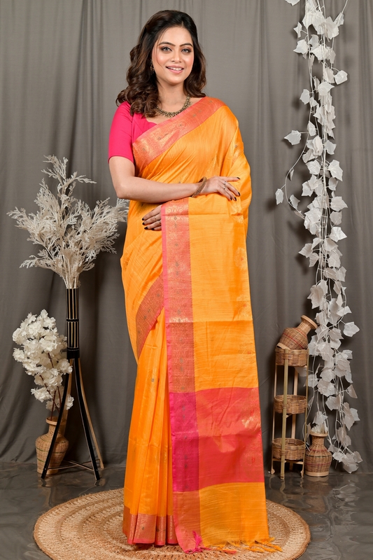 Yellow Pink Cotton Blend Daymin Hand Loom Saree (1901)